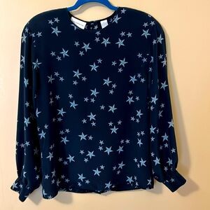 Vintage Liz Claiborne Blouse 100% Silk Stars Print Navy Blue Size 6